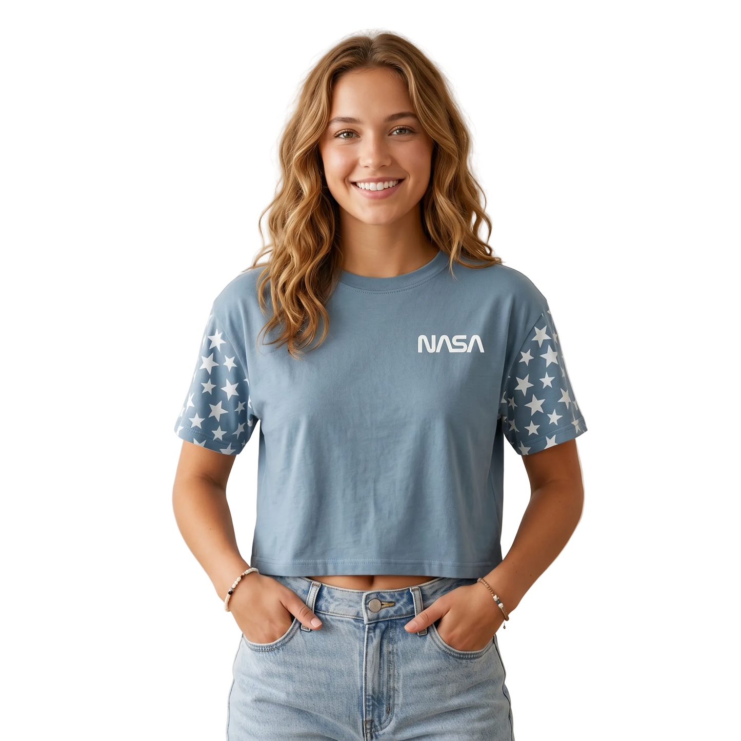 Light blue NASA stars crop top T-shirt for women and juniors, featuring a space-themed design by Rex Distributor, Inc.
