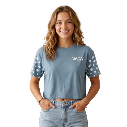 Light blue NASA stars crop top T-shirt for women and juniors, featuring a space-themed design by Rex Distributor, Inc.