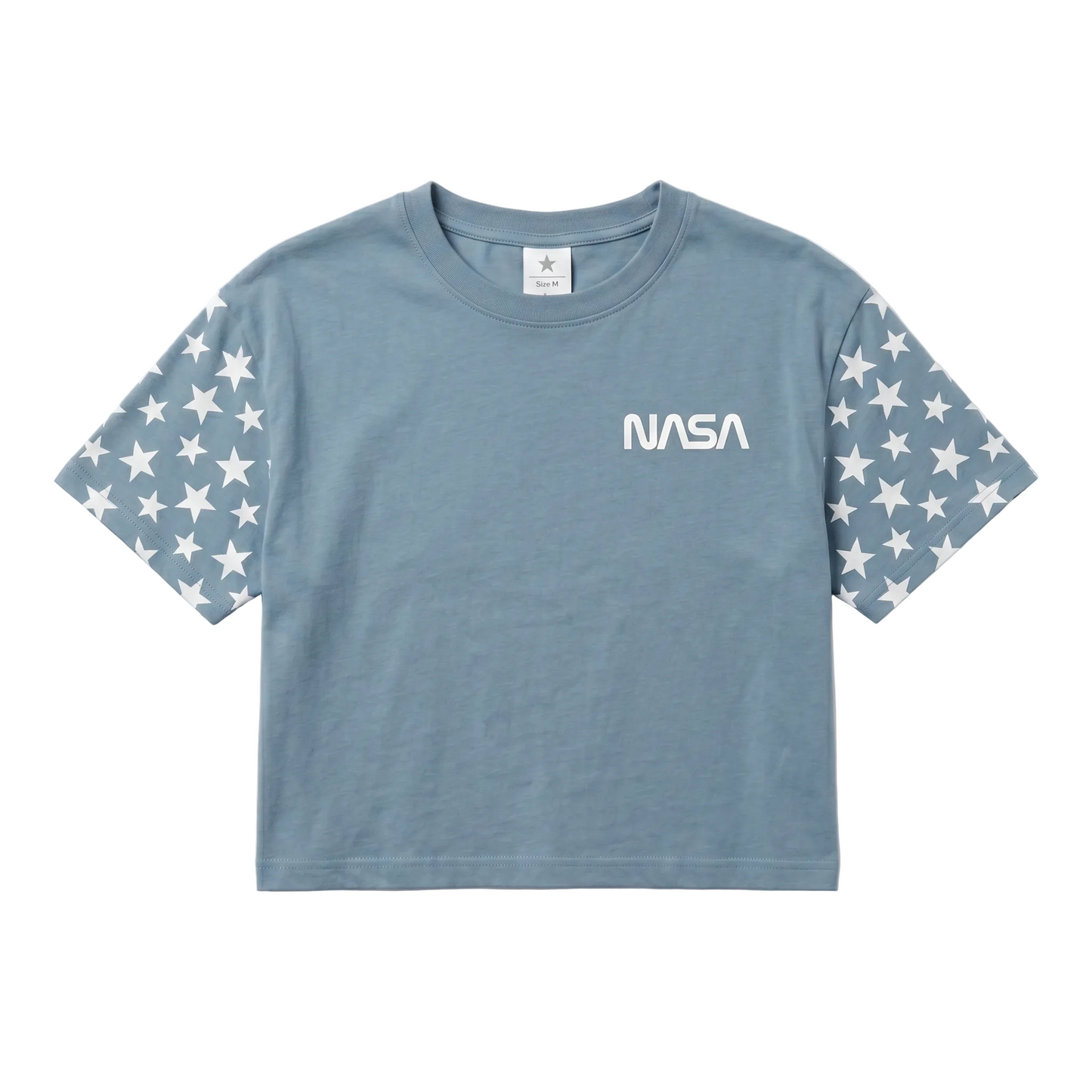 Light blue NASA stars crop top T-shirt for women and juniors, featuring a space-themed design by Rex Distributor, Inc.
