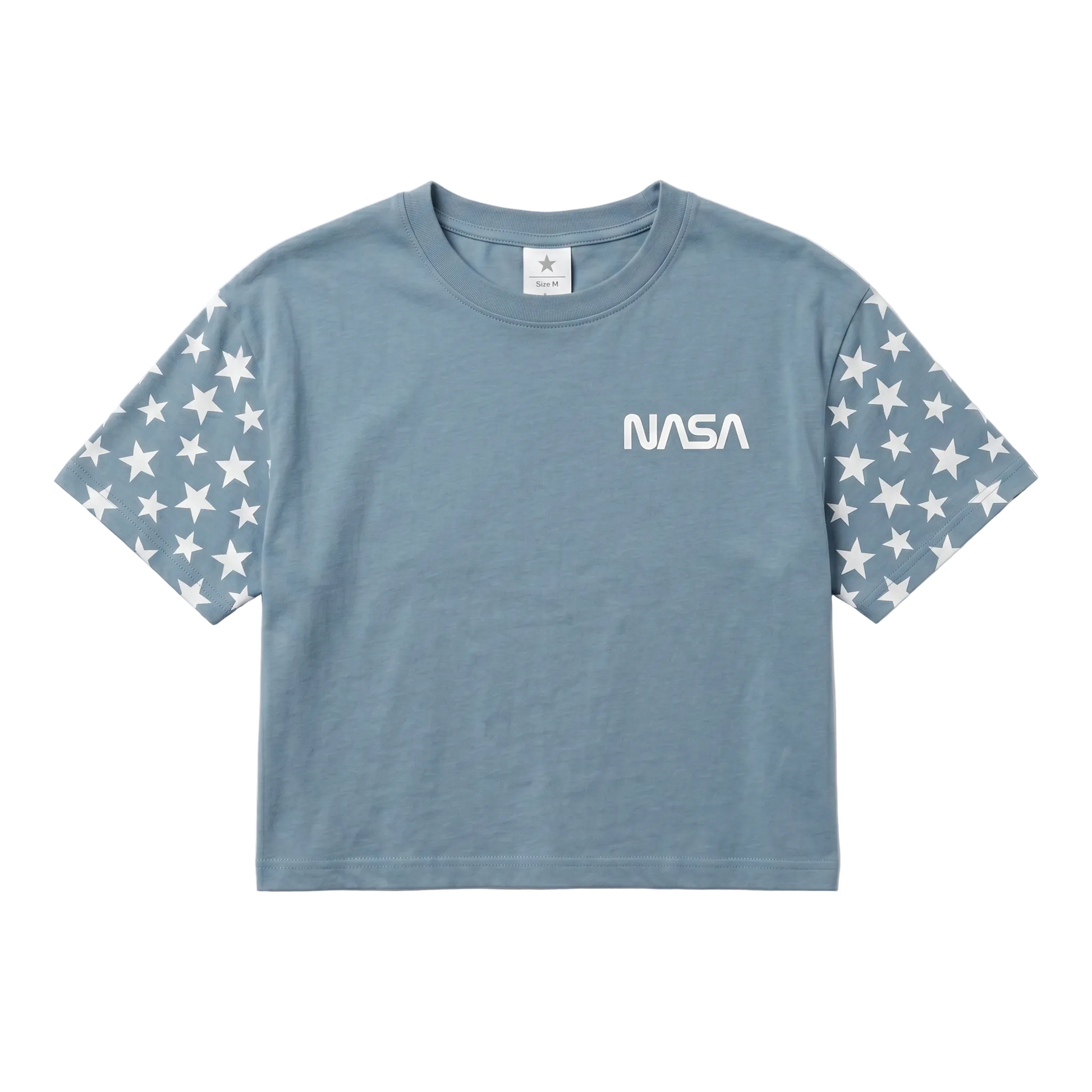 Light blue NASA stars crop top T-shirt for women and juniors, featuring a space-themed design by Rex Distributor, Inc.