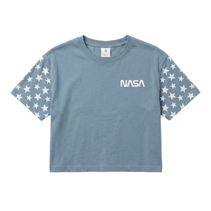 Light blue NASA stars crop top T-shirt for women and juniors, featuring a space-themed design by Rex Distributor, Inc.