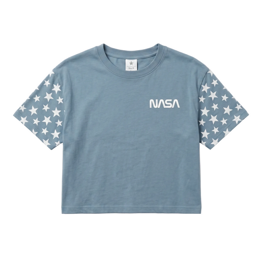 Blue t-shirt with NASA logo and star patterns on sleeves against a white background