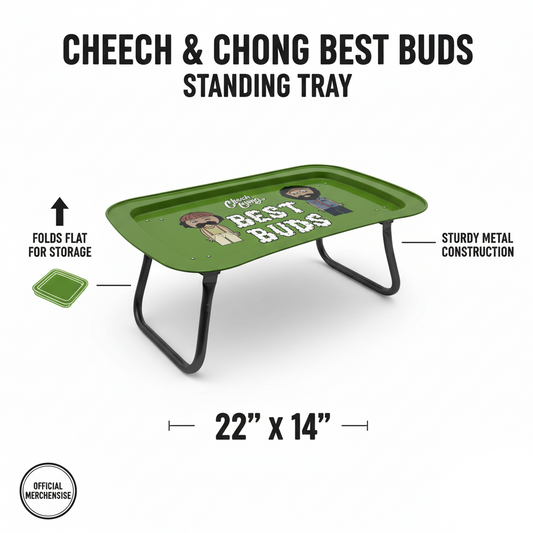 Green standing tray with 'Cheech & Chong Best Buds' text on a white background