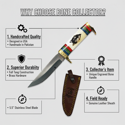 BC 888-BR 10.5" Bone Collector Bear Design Bovine & Brass Hunting Knife with Leather Sheath