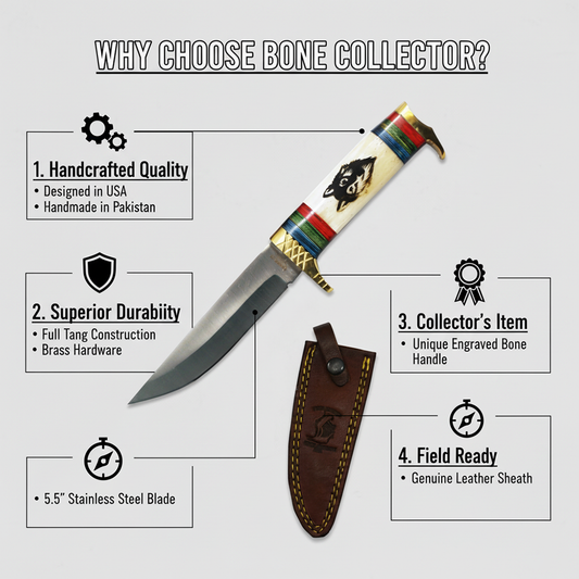 BC 888-WF 10.5" Bone Collector Wolf Design Bovine & Brass Hunting Knife with Leather Sheath