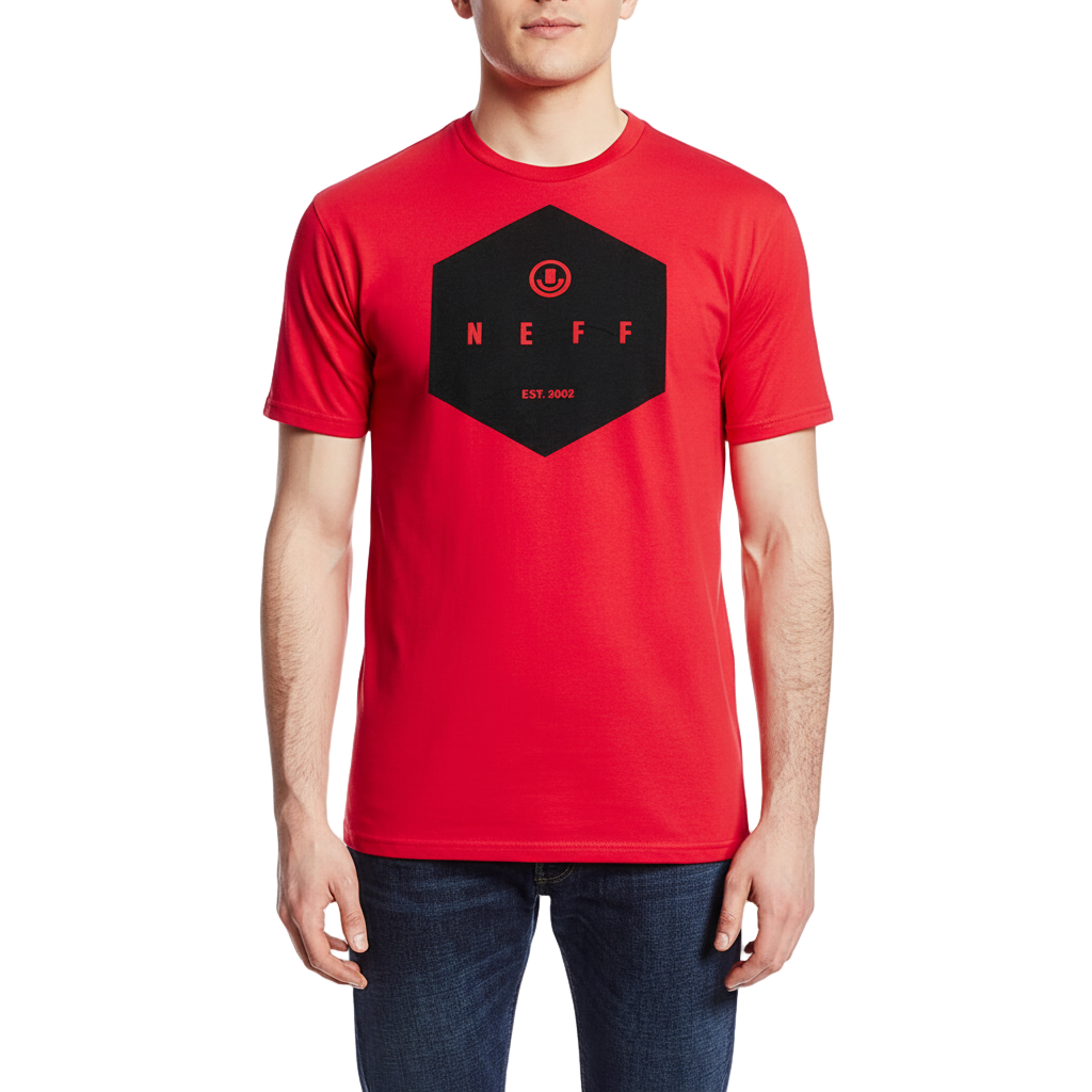 Red t-shirt with black logo worn by a person on a white background