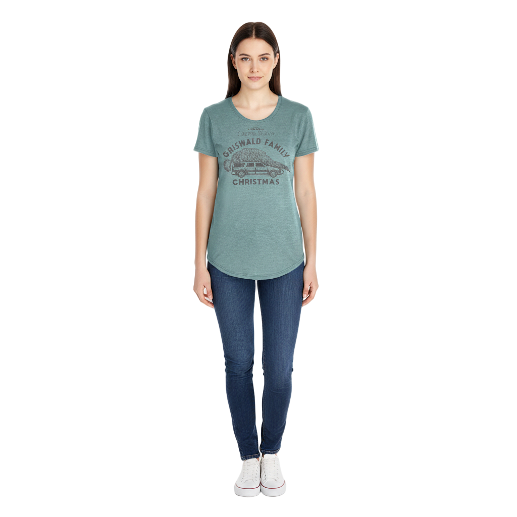 Woman wearing a teal t-shirt with graphic design on a white background