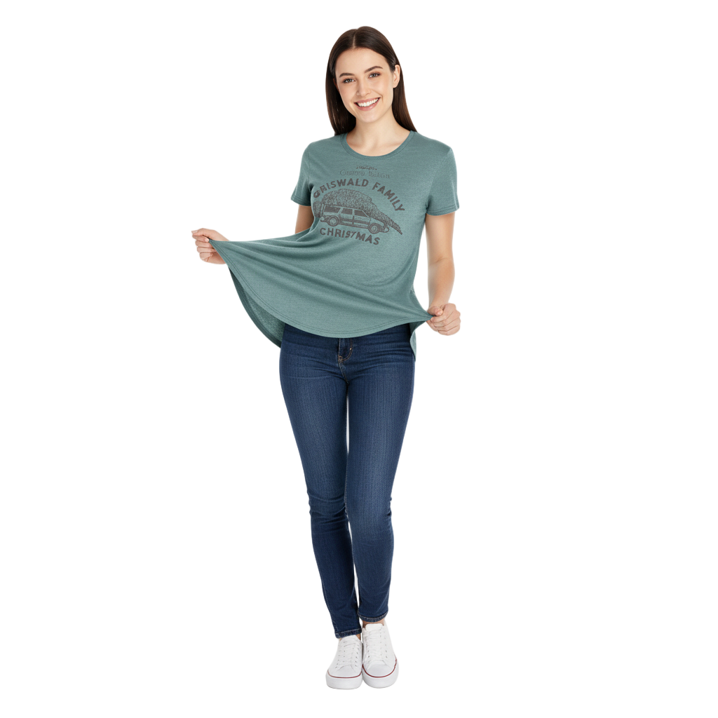 Woman wearing a green t-shirt and blue jeans on a white background