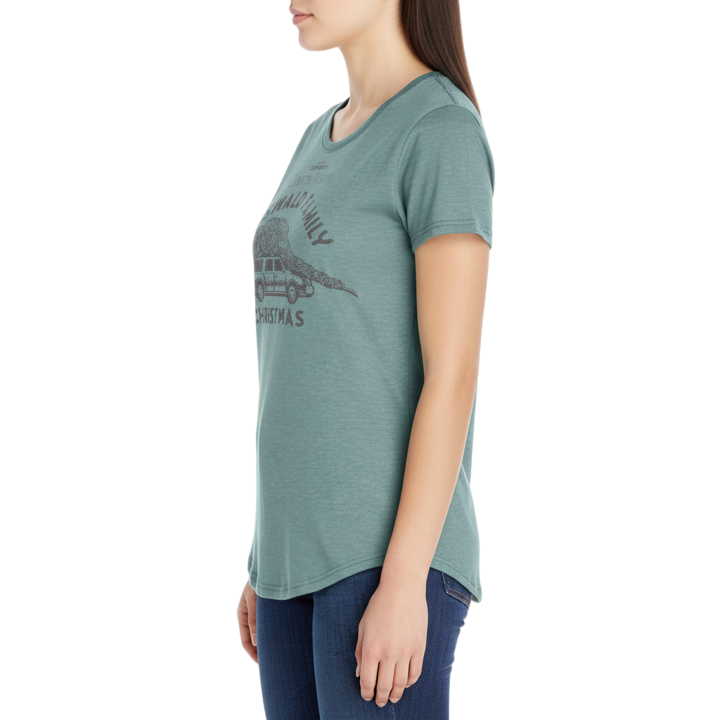 Person wearing a green t-shirt with a graphic design on a white background
