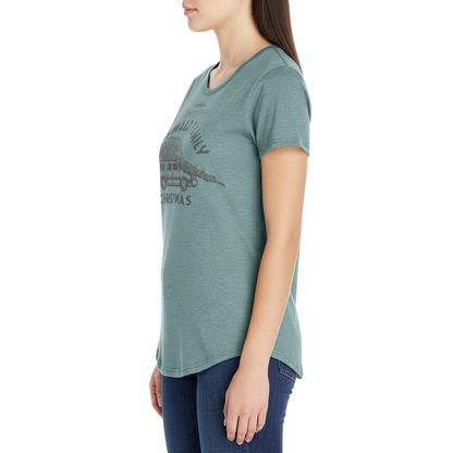 Person wearing a green t-shirt with a graphic design on a white background