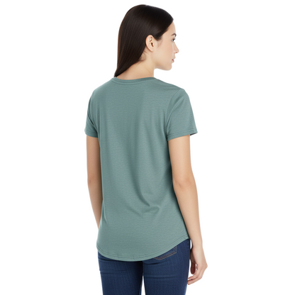 Woman wearing a green t-shirt on a white background
