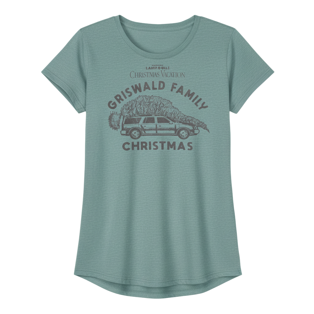 Green t-shirt with 'Griswald Family Christmas' graphic on a white background