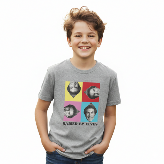 Boy's Youth Grey Heather Elf Raised by Elves Graphic Tee T-Shirt
