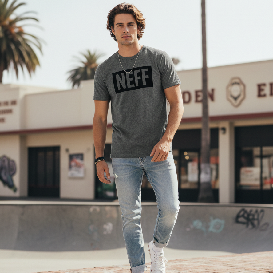 Man wearing a gray t-shirt with 'NEFF' logo at a skate park.