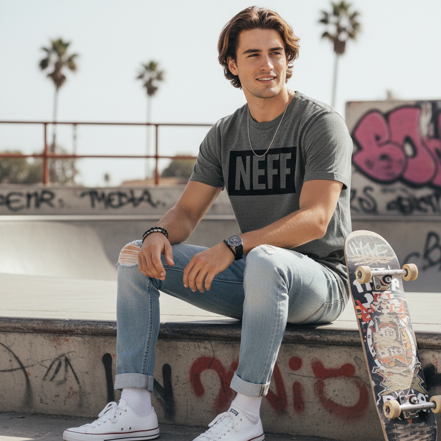 Man sitting with a skateboard wearing a NEFF t-shirt in an urban setting.