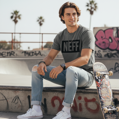 Man sitting with a skateboard wearing a NEFF t-shirt in an urban setting.