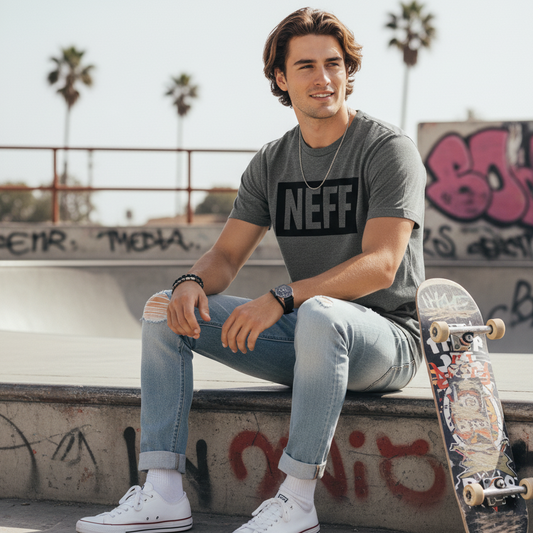 Man sitting with a skateboard wearing a NEFF t-shirt in an urban setting.
