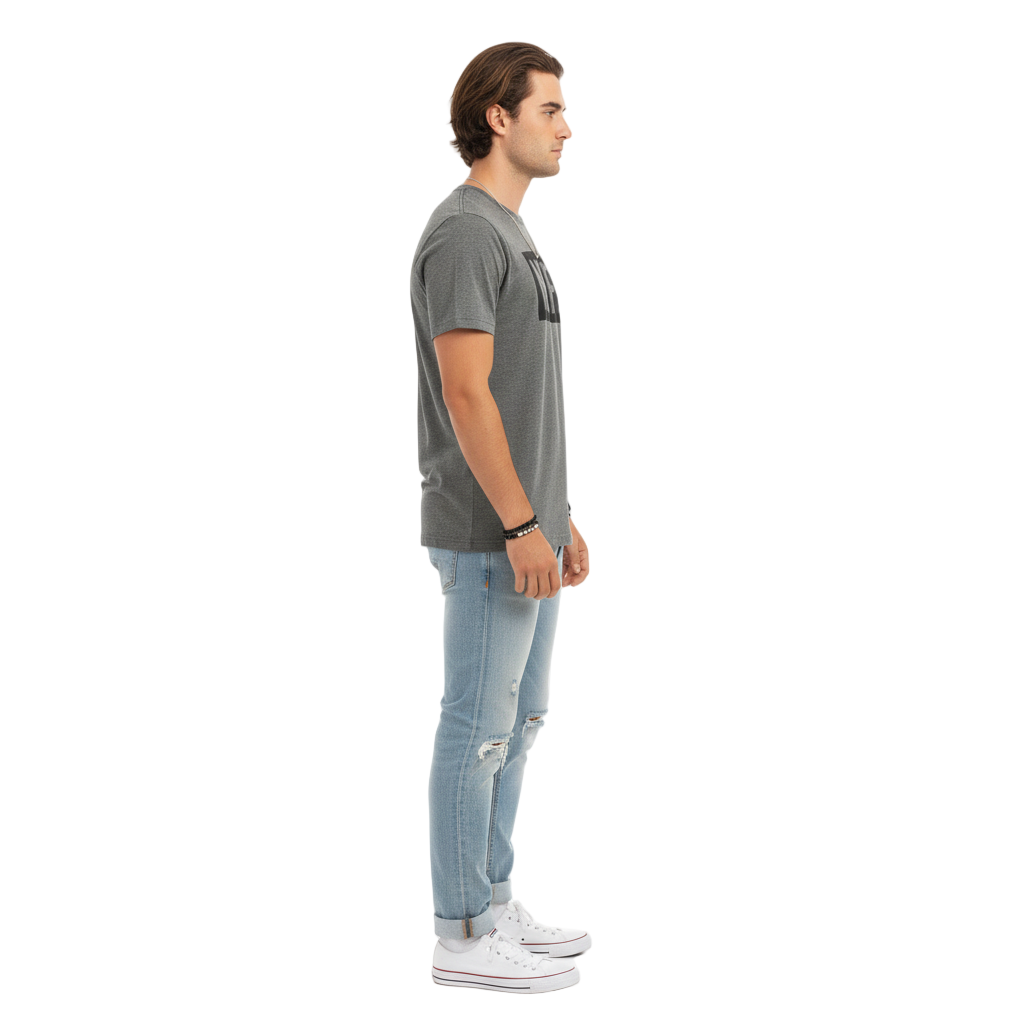 Man wearing a gray t-shirt and light blue jeans on a white background