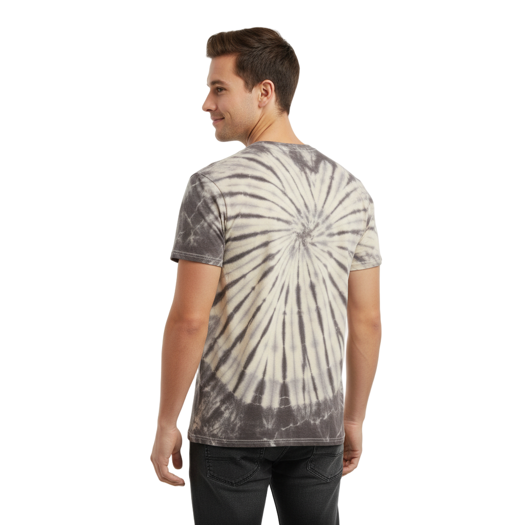 Man wearing a tie-dye t-shirt with a white and gray pattern on a plain background
