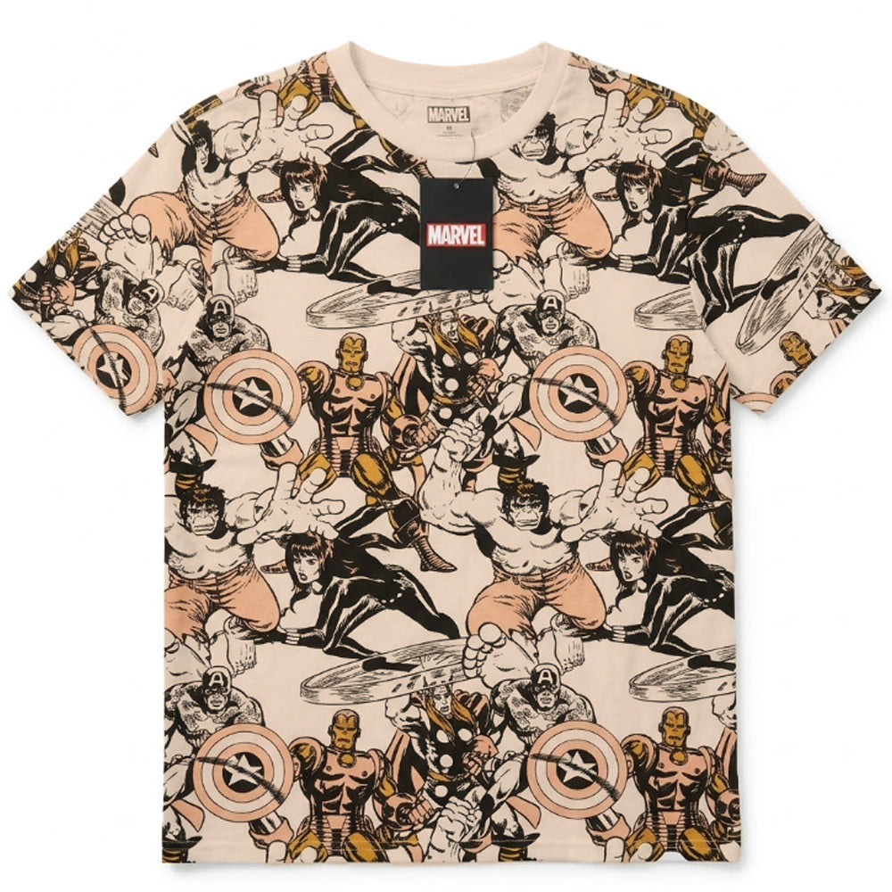 Girls Marvel Comics Retro Avengers All-Over Print T-Shirt featuring colorful Marvel superhero graphics by Rex Distributor, Inc.