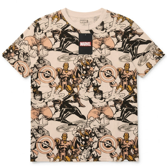 Girls Marvel Comics Retro Avengers All-Over Print T-Shirt featuring colorful Marvel superhero graphics by Rex Distributor, Inc.