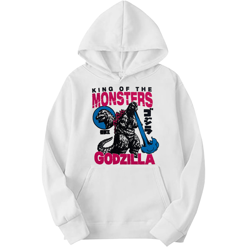 White men's Godzilla King of Monsters graphic hoodie with bold monster design, size XL, from Rex Distributor, Inc.