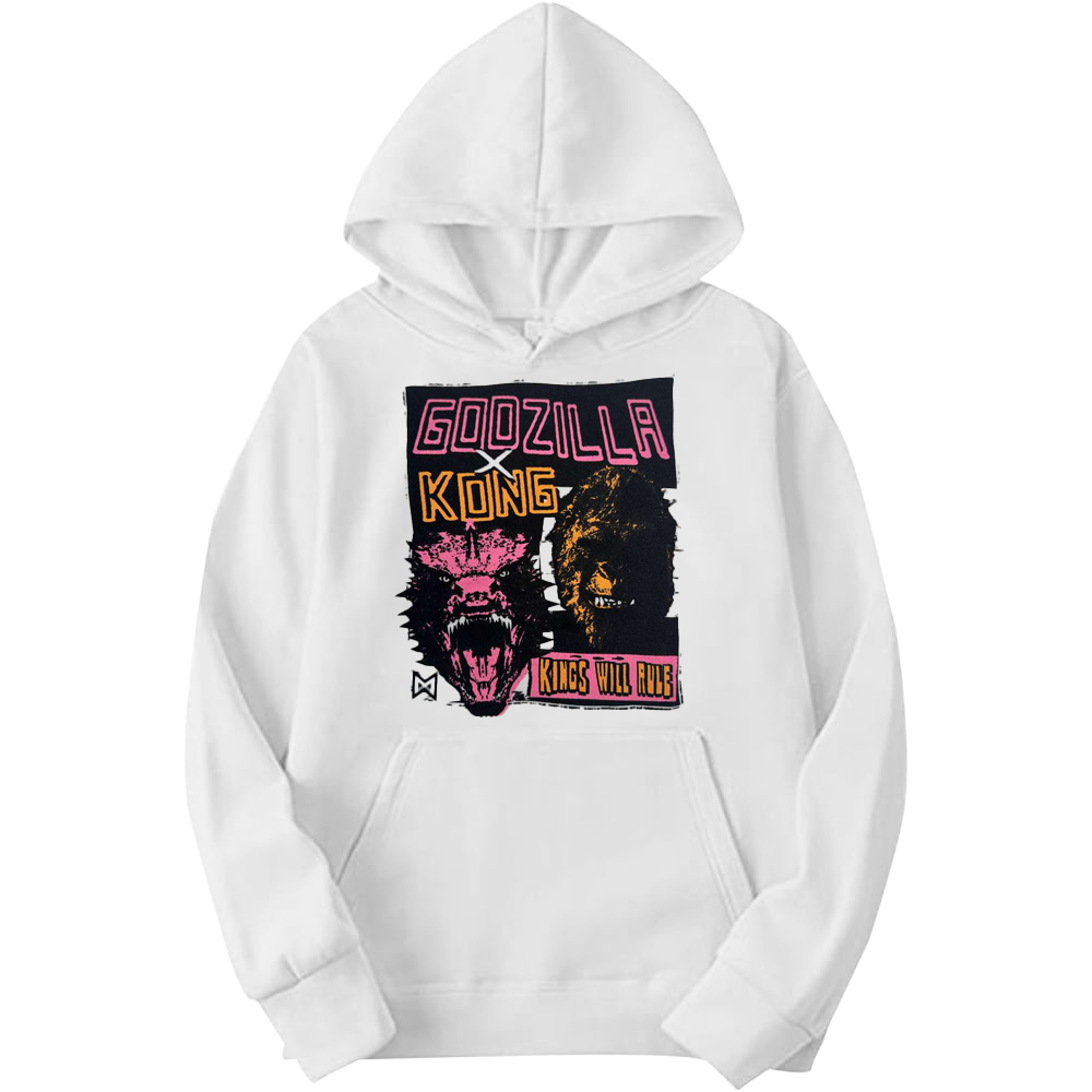 White men's Godzilla X Kong graphic hoodie with monster design, made by Rex Distributor, Inc., featuring bold, eye-catching artwork.