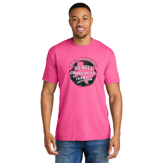 Men's Comfort TX H.E.B Grocery Co Texas graphic T-shirt by Rex Distributor, Inc., featuring a Texas-themed grocery store design.