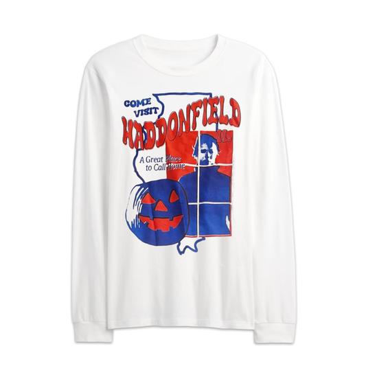 Men's White Halloween Michael Myers Visit Haddonfield Graphic Long Sleeve Shirt Tee