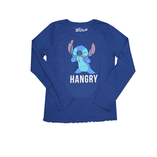 Women Junior's Blue Lilo & Stitch Hangry Graphic Long Sleeve Tee T-Shirt