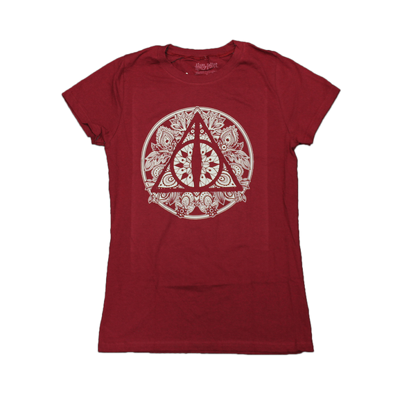 Women Junior's Red Harry Potter Hallows Graphic Tee T-Shirt
