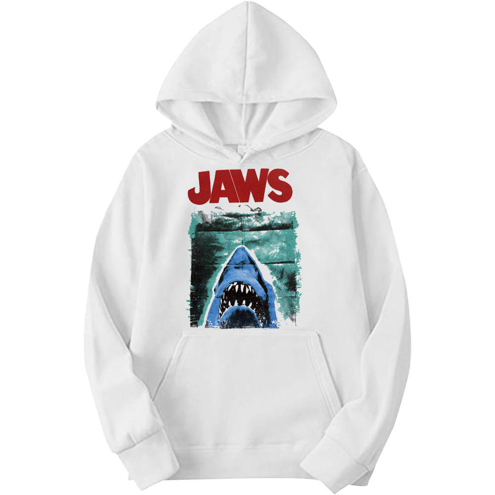 White men's Jaws graphic hoodie featuring a bold shark design, adult pullover style by Rex Distributor, Inc.