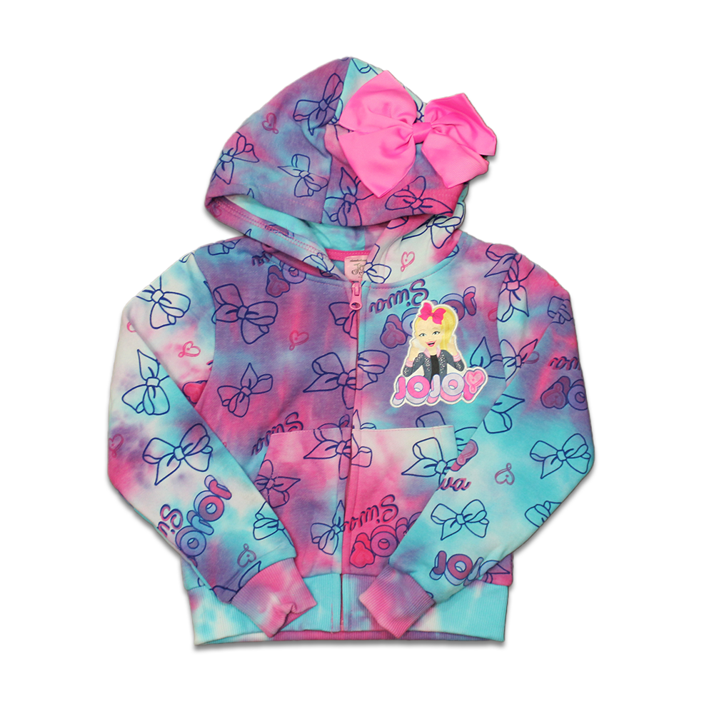A girls' tie-dye hoodie jacket featuring 3D bows and the character JoJo Siwa on a pink, blue, and yellow background.