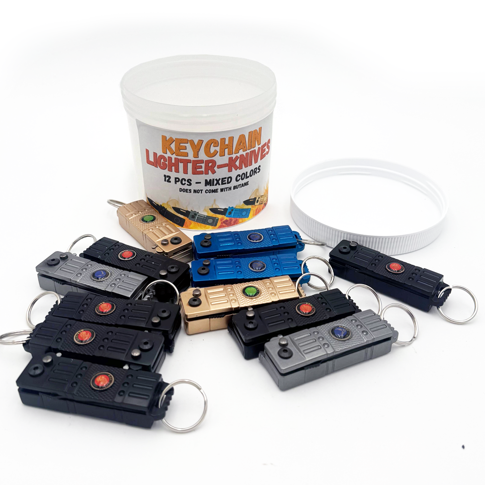 Rex Distributor KC-12 keychain lighter knives display set with 12 colorful knives in a clear jar, closeout deal with free shipping.