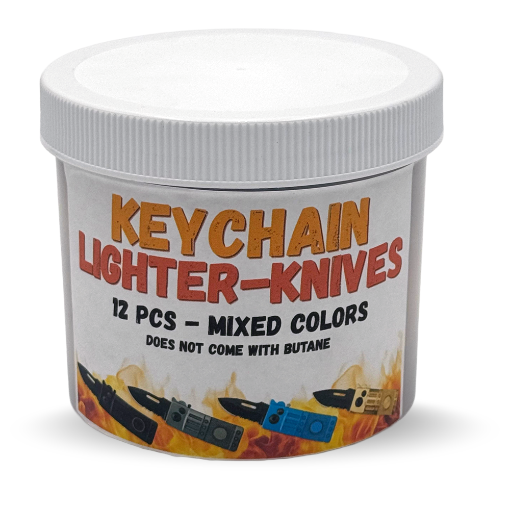 Rex Distributor KC-12 keychain lighter and knives display set with 12 multi-color knives arranged in a jar.