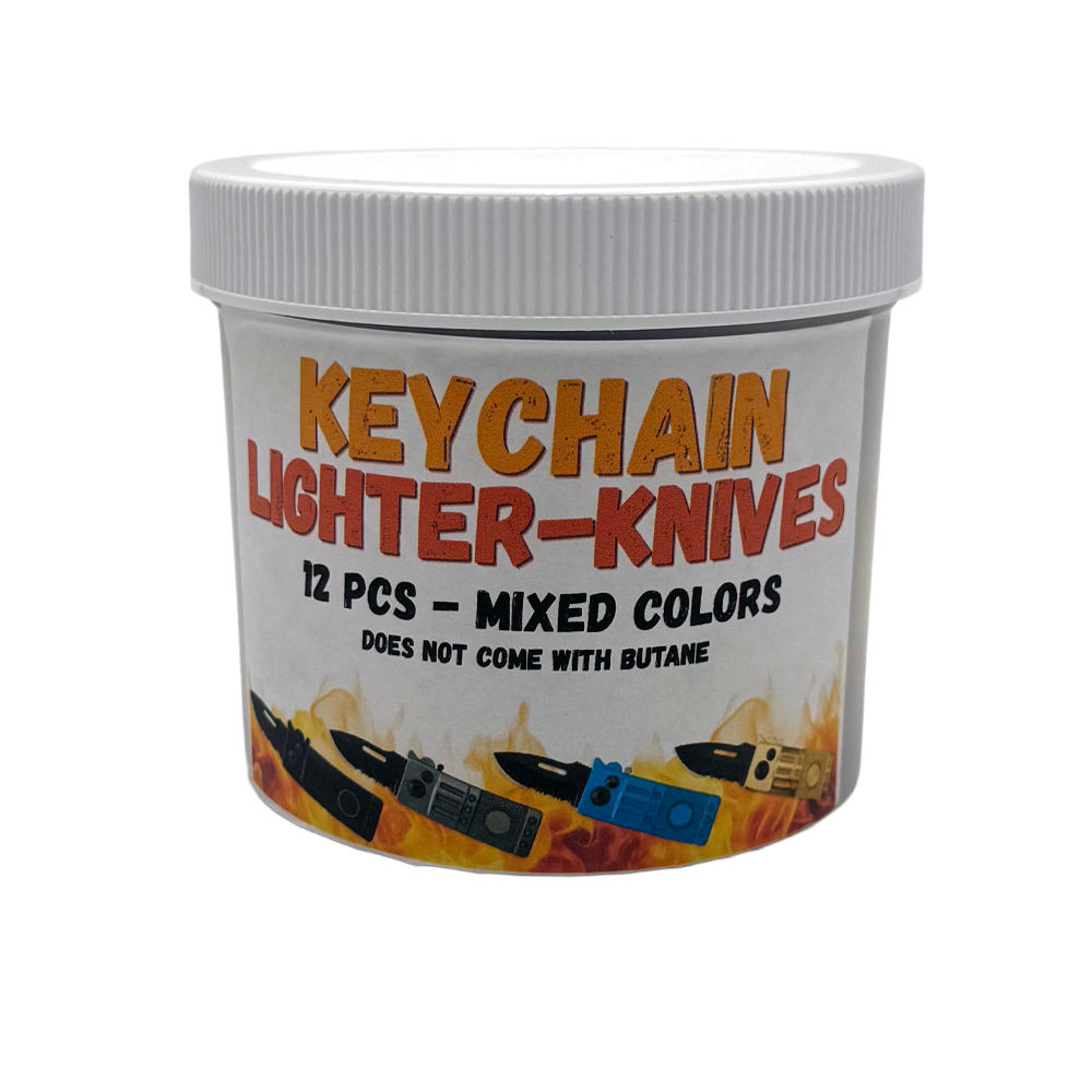 Rex Distributor KC-12 keychain lighter and knife display set with mixed color knives arranged in a clear jar.