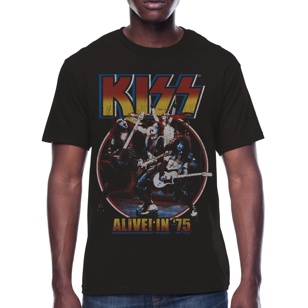 Men's KISS Alive In 75 graphic crew neck T-shirt by Rex Distributor, Inc., featuring band logo and concert image, available in multiple sizes.