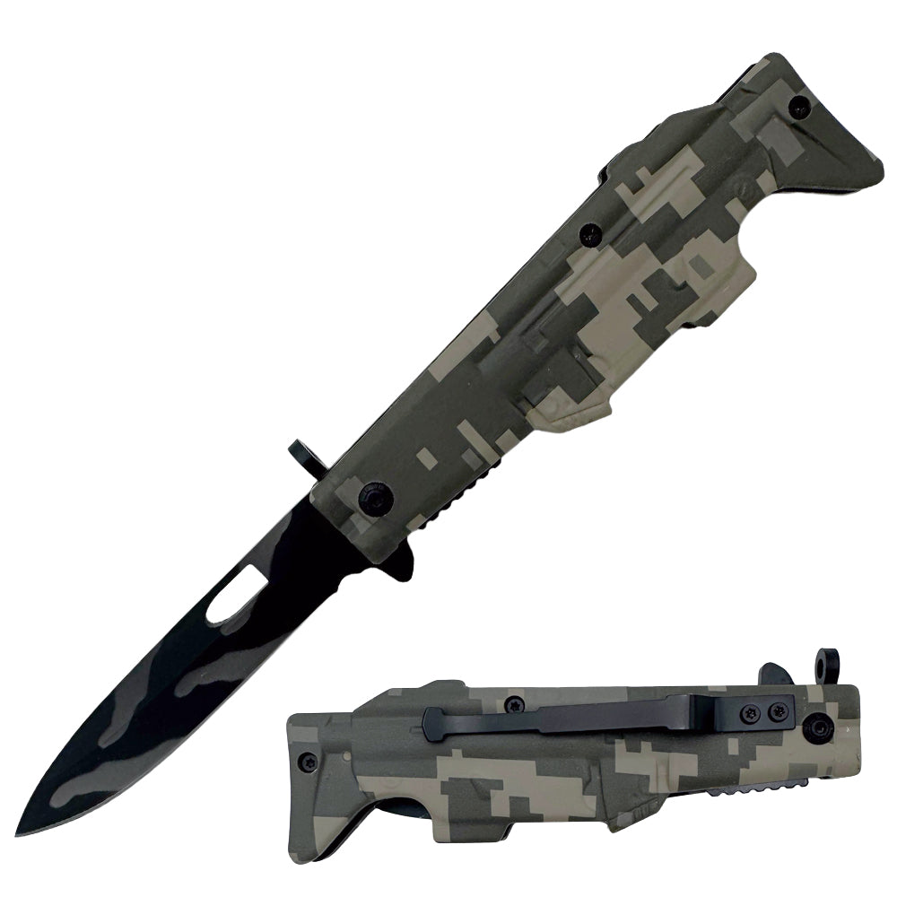 KN 1472-B 4.5" Digital Woodland Camo Gun Shaped Assist-Open Folding Knife with Belt Clip