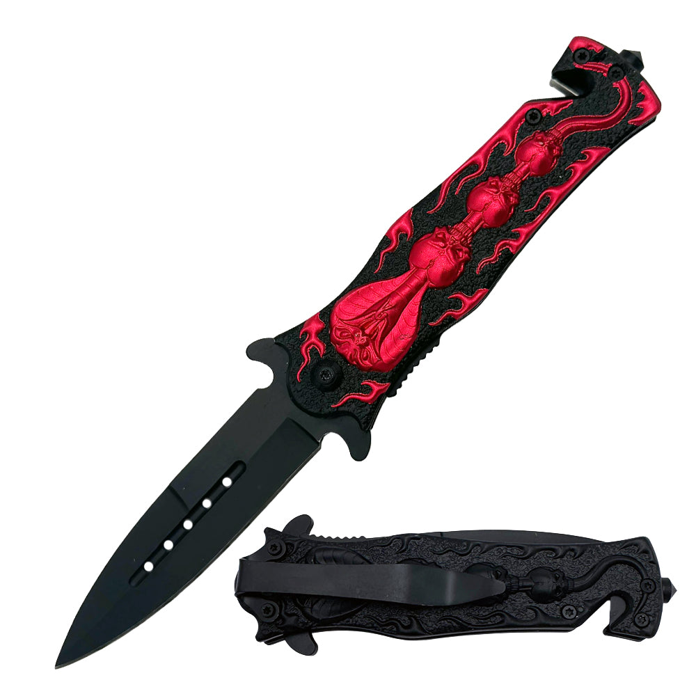 KN 1473-R 4.5" Assist-Open Rescue Knife - Cobra Snake & Skull Red Handle