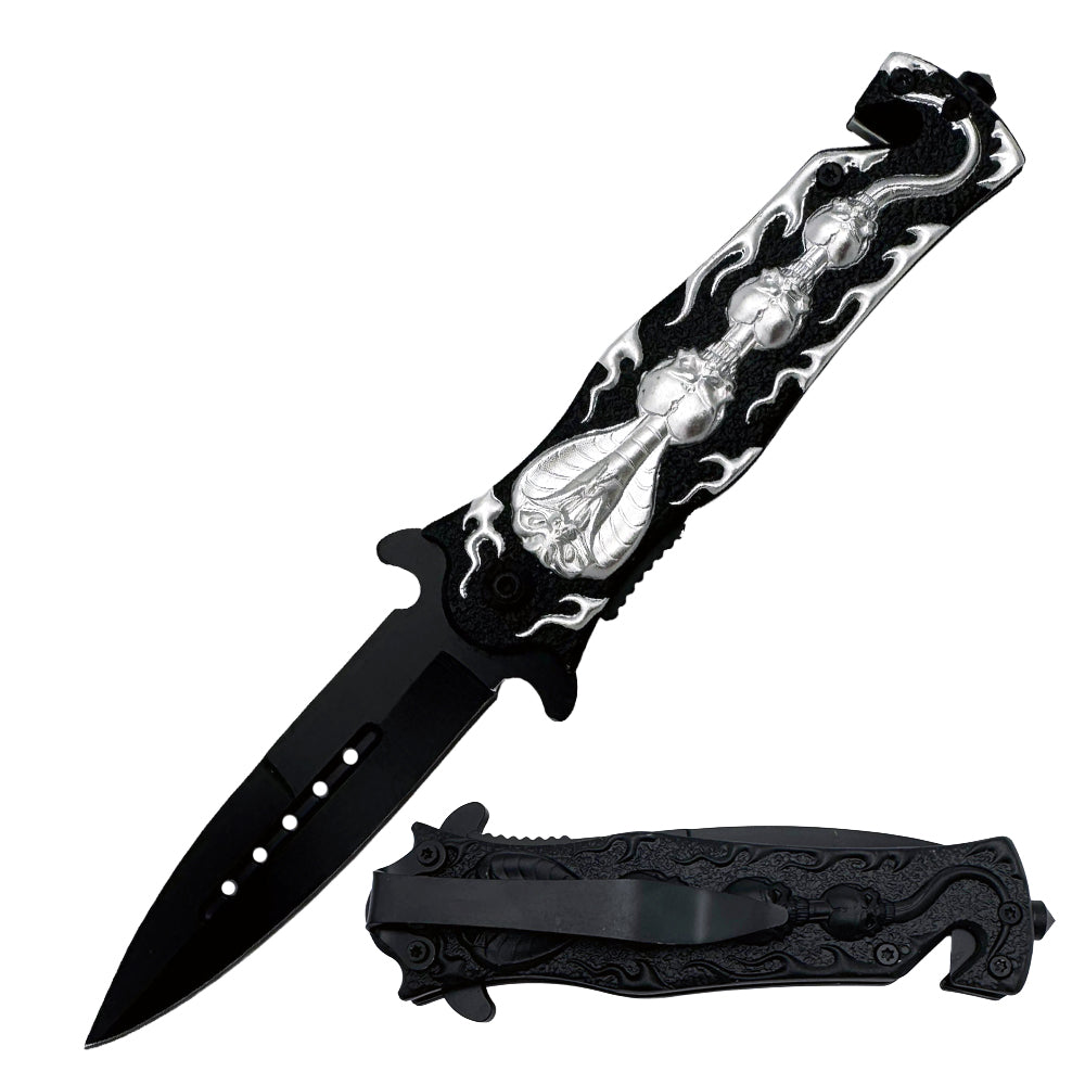 KN 1473-S 4.5" Assist-Open Rescue Knife - Cobra Snake & Skull Silver Handle