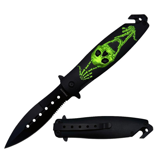 KN 1645-GN 4.5" Assist-Open Green Skull Rescue Knife with Glass Breaker & Seatbelt Cutter