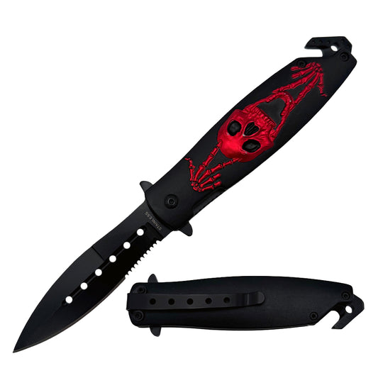 KN 1645-RD 4.5" Assist-Open Red Skull Rescue Knife with Glass Breaker & Seatbelt Cutter