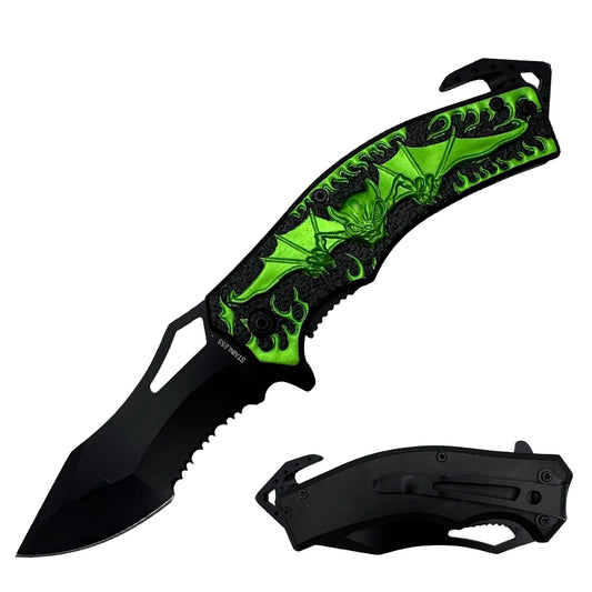 KN 1796-GN 4.5" Assist-Open Rescue Knife - Bat Skull Flaming Handle