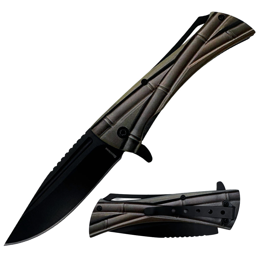 KN 1807-GY 4.25" Assist-Open Knife - Grey Bamboo Design Handle