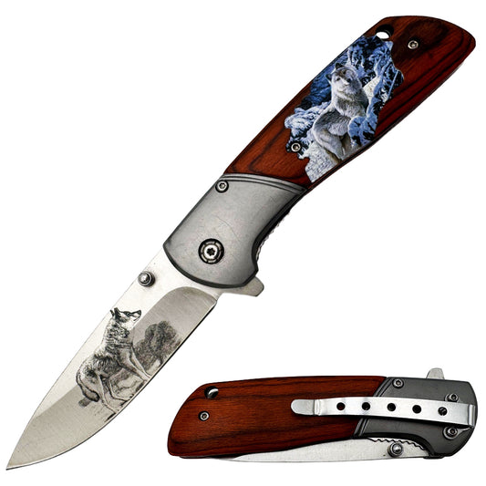 KN 2004-W 4.5" Wolf Wood Design Assist-Open Folding Knife