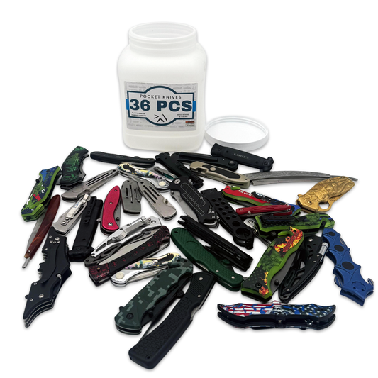 Set of 36 mixed pocket knives from Rex Distributor, Inc., displayed in a clear jar with various knife types for outdoor or everyday use.