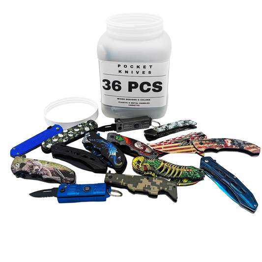 Set of 36 mixed pocket knives in a display jar from Rex Distributor, Inc., showcasing various knife styles and sizes.