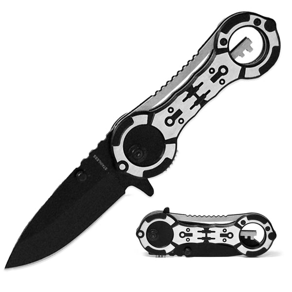 KN 1308 4.5" Silver Metal Handcuff Design Assist-Open Folding Knife with Belt Clip
