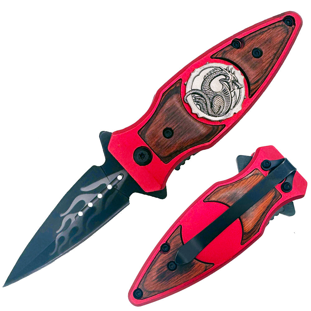 Rex Distributor 3.5-inch red dragon wood handle tactical folding knife with assist-open mechanism and belt clip.