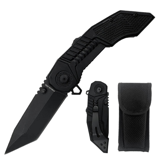 Black heavy-duty folding tactical knife with assist-open mechanism and sheath, designed for durability and easy carry by Rex Distributor.